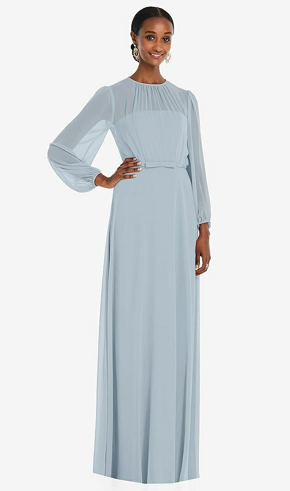 Front View - Mist Strapless Chiffon Maxi Dress with Puff Sleeve Blouson Overlay