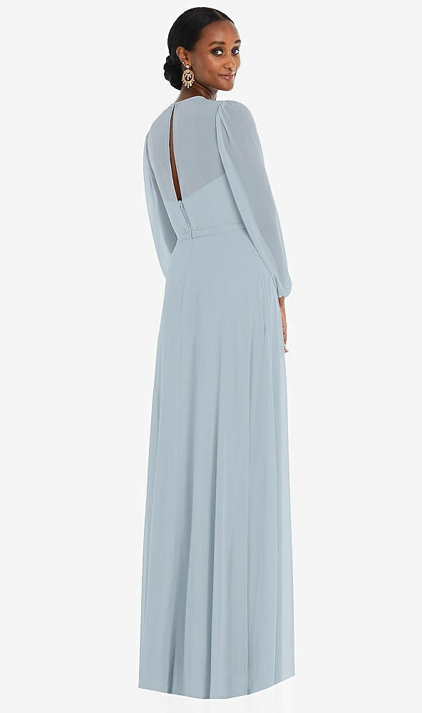 Back View - Mist Strapless Chiffon Maxi Dress with Puff Sleeve Blouson Overlay