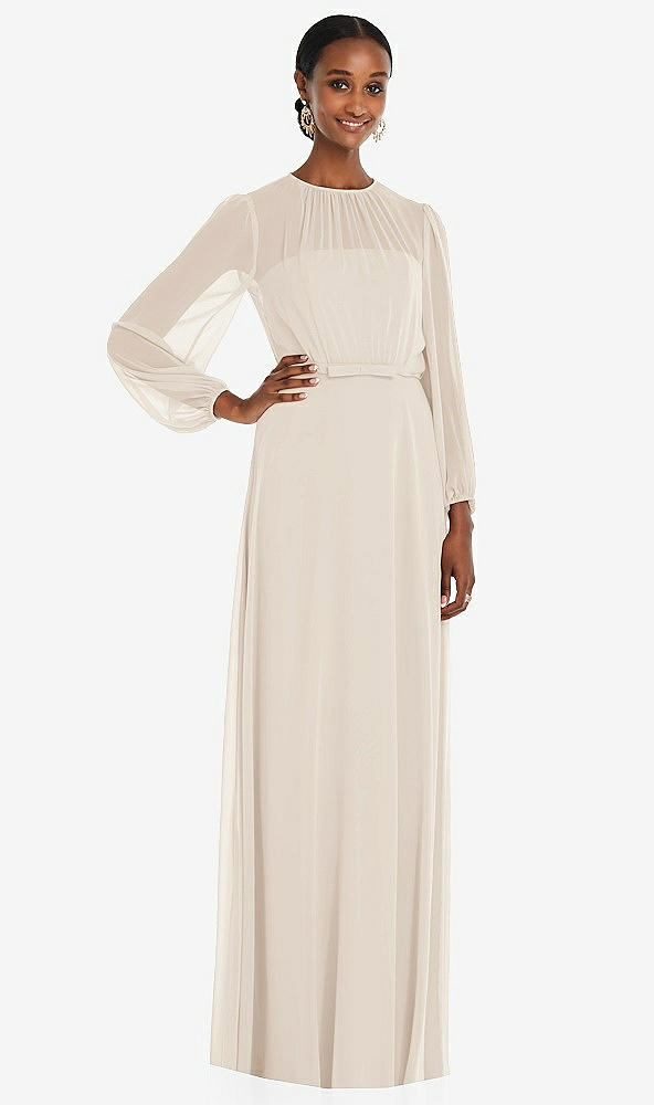 Front View - Oat Strapless Chiffon Maxi Dress with Puff Sleeve Blouson Overlay