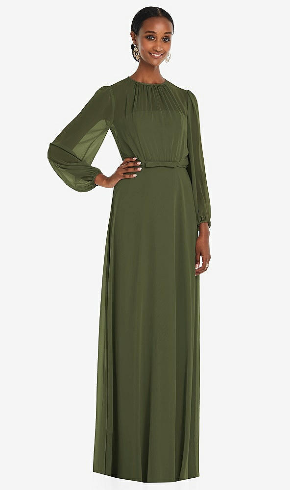 Front View - Olive Green Strapless Chiffon Maxi Dress with Puff Sleeve Blouson Overlay
