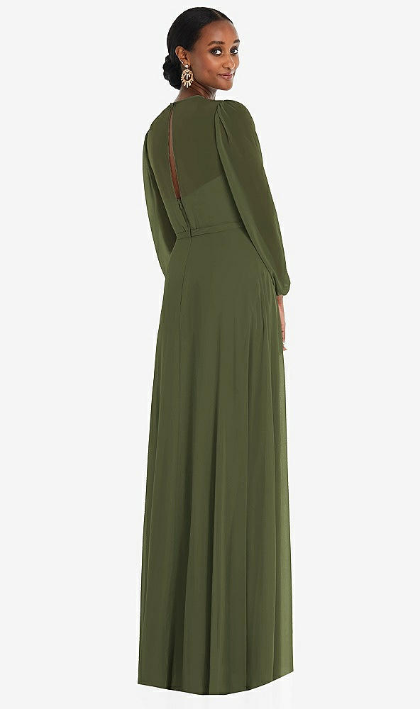 Back View - Olive Green Strapless Chiffon Maxi Dress with Puff Sleeve Blouson Overlay