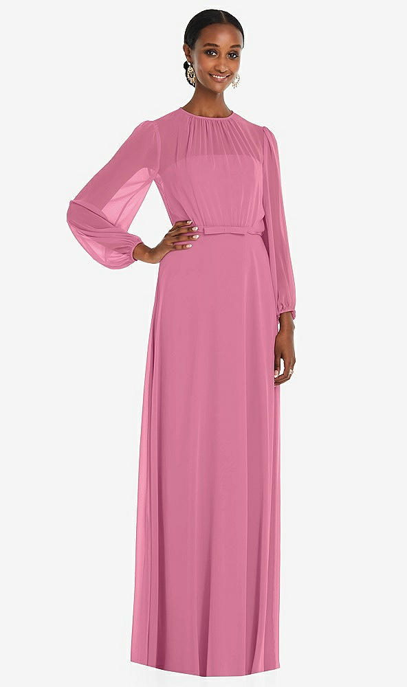 Front View - Orchid Pink Strapless Chiffon Maxi Dress with Puff Sleeve Blouson Overlay
