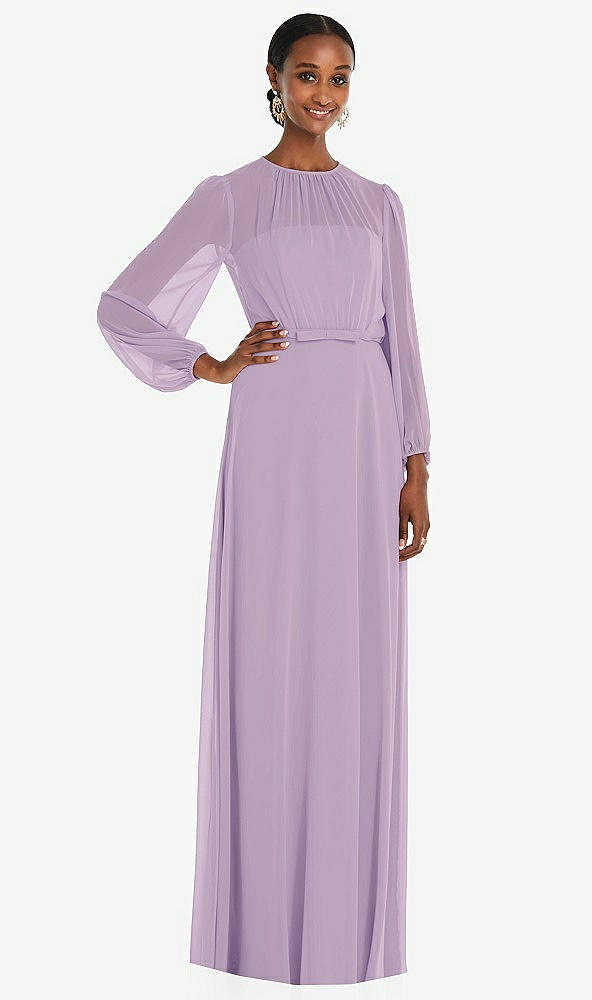 Front View - Pale Purple Strapless Chiffon Maxi Dress with Puff Sleeve Blouson Overlay