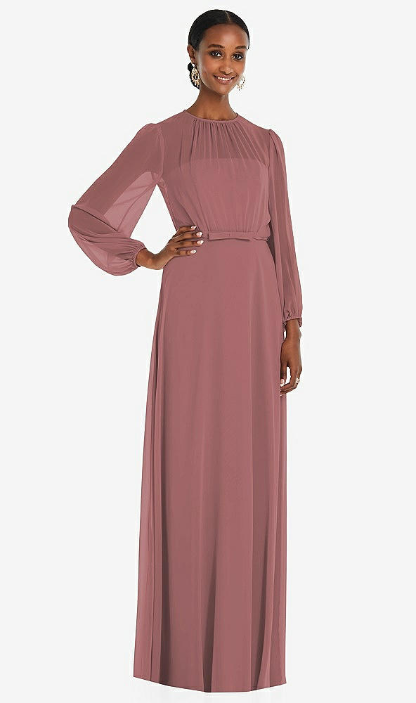 Front View - Rosewood Strapless Chiffon Maxi Dress with Puff Sleeve Blouson Overlay