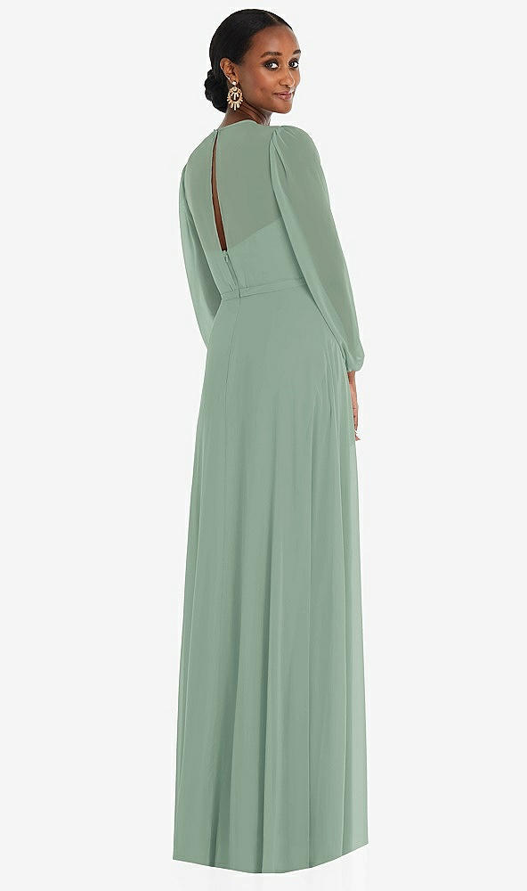 Back View - Seagrass Strapless Chiffon Maxi Dress with Puff Sleeve Blouson Overlay