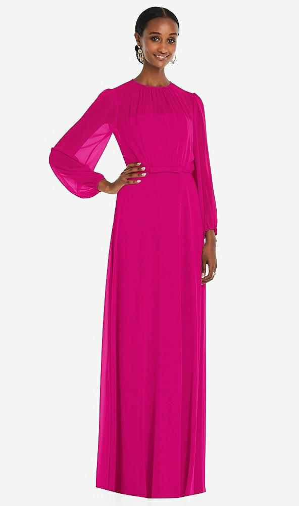 Front View - Think Pink Strapless Chiffon Maxi Dress with Puff Sleeve Blouson Overlay