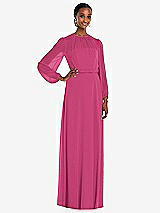 Front View Thumbnail - Tea Rose Strapless Chiffon Maxi Dress with Puff Sleeve Blouson Overlay