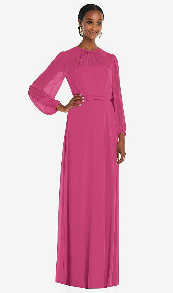 Front View - Tea Rose Strapless Chiffon Maxi Dress with Puff Sleeve Blouson Overlay