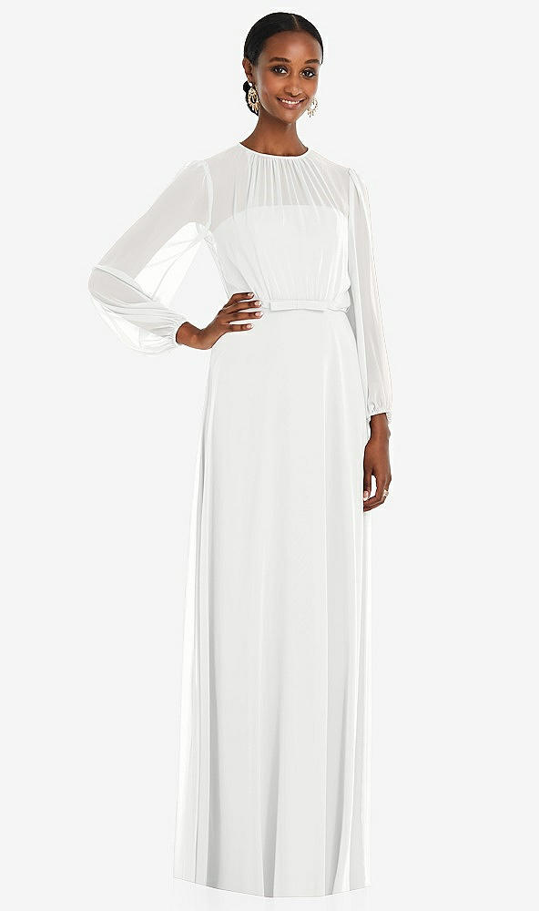 Front View - White Strapless Chiffon Maxi Dress with Puff Sleeve Blouson Overlay