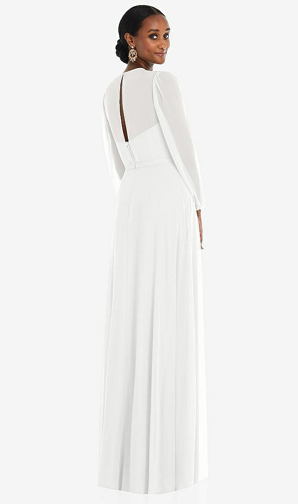 Back View - White Strapless Chiffon Maxi Dress with Puff Sleeve Blouson Overlay