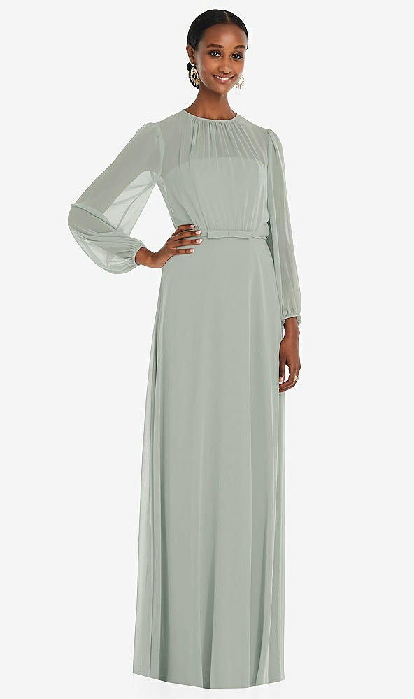 Front View - Willow Green Strapless Chiffon Maxi Dress with Puff Sleeve Blouson Overlay