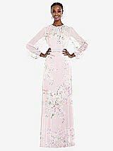 Alt View 1 Thumbnail - Watercolor Print Strapless Chiffon Maxi Dress with Puff Sleeve Blouson Overlay