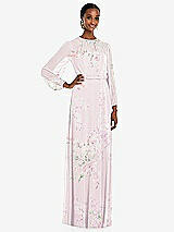 Front View Thumbnail - Watercolor Print Strapless Chiffon Maxi Dress with Puff Sleeve Blouson Overlay