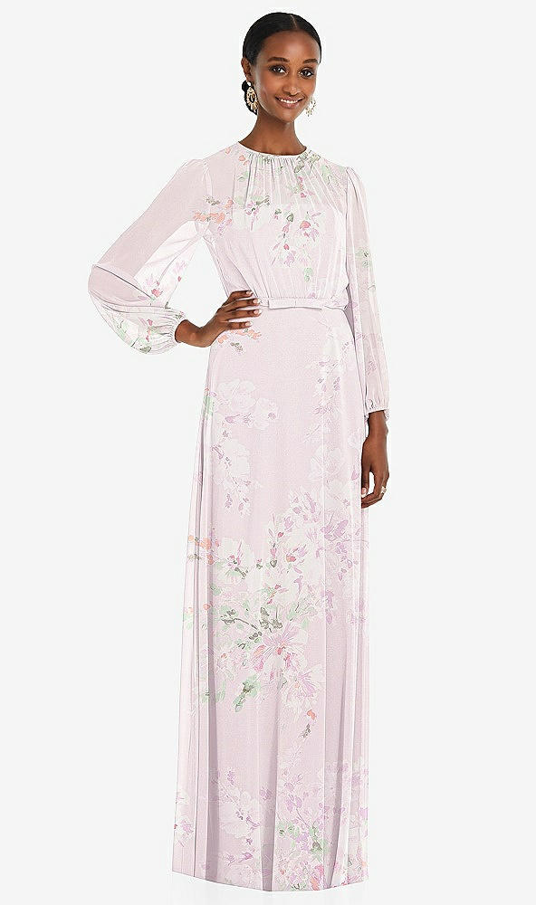 Front View - Watercolor Print Strapless Chiffon Maxi Dress with Puff Sleeve Blouson Overlay