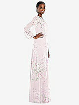 Side View Thumbnail - Watercolor Print Strapless Chiffon Maxi Dress with Puff Sleeve Blouson Overlay