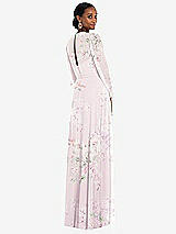Rear View Thumbnail - Watercolor Print Strapless Chiffon Maxi Dress with Puff Sleeve Blouson Overlay
