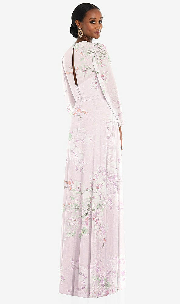 Back View - Watercolor Print Strapless Chiffon Maxi Dress with Puff Sleeve Blouson Overlay