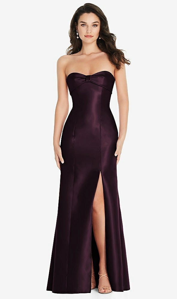 Front View - Deep Plum Bow Cuff Strapless Princess Waist Trumpet Gown