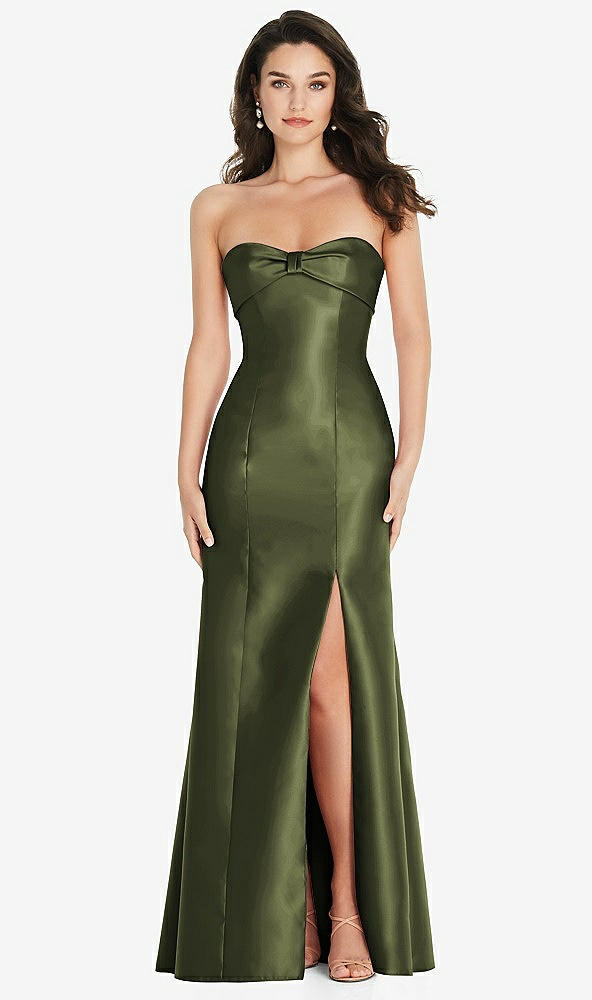 Front View - Olive Green Bow Cuff Strapless Princess Waist Trumpet Gown