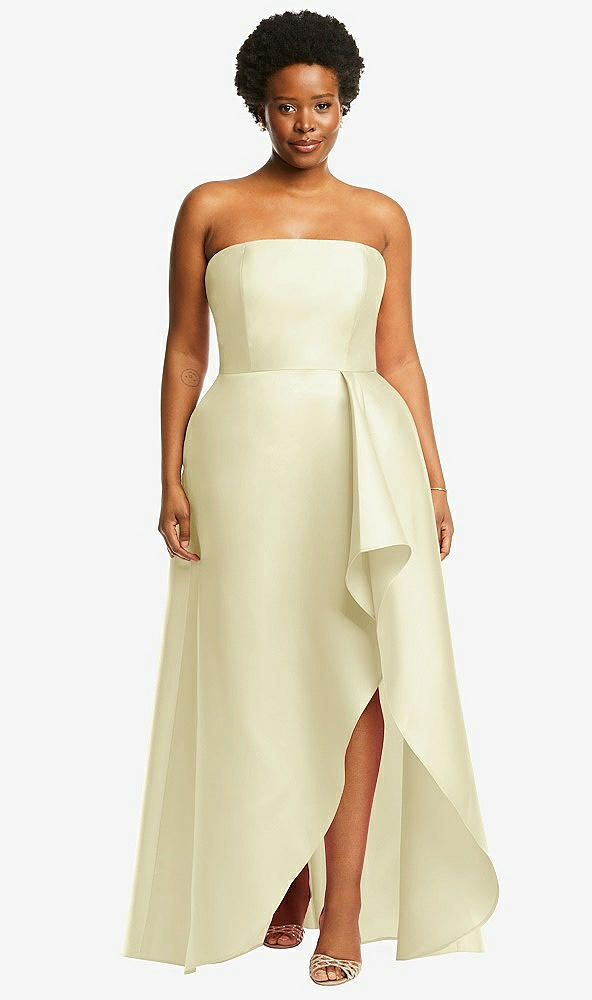 Front View - Butter Yellow Strapless Satin Gown with Draped Front Slit and Pockets