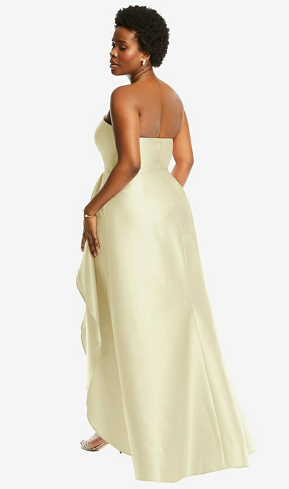 Back View - Butter Yellow Strapless Satin Gown with Draped Front Slit and Pockets