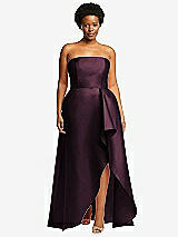Front View Thumbnail - Deep Plum Strapless Satin Gown with Draped Front Slit and Pockets