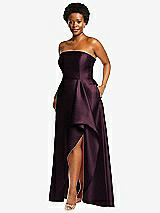 Side View Thumbnail - Deep Plum Strapless Satin Gown with Draped Front Slit and Pockets
