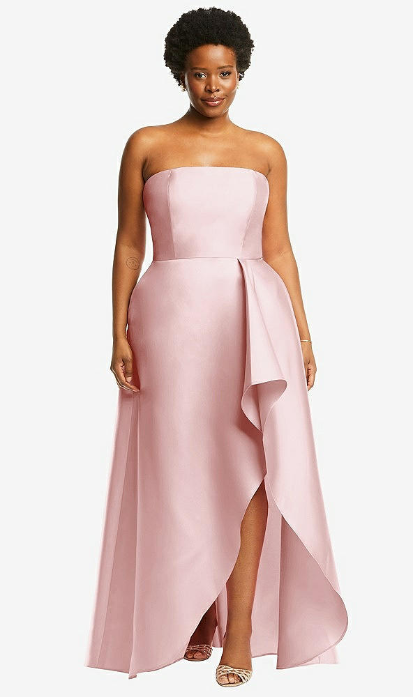Front View - Ballet Pink Strapless Satin Gown with Draped Front Slit and Pockets