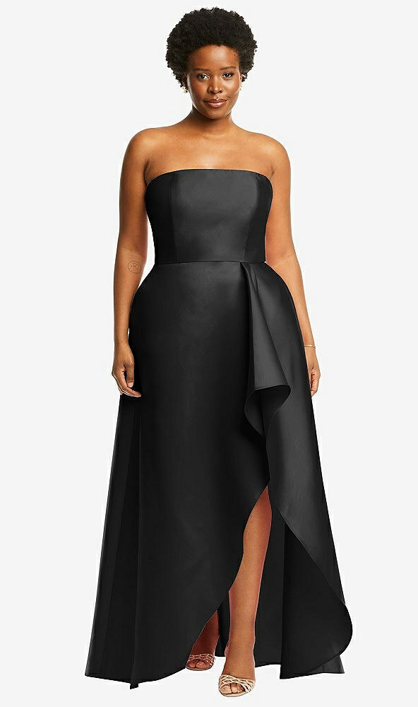 Front View - Black Strapless Satin Gown with Draped Front Slit and Pockets