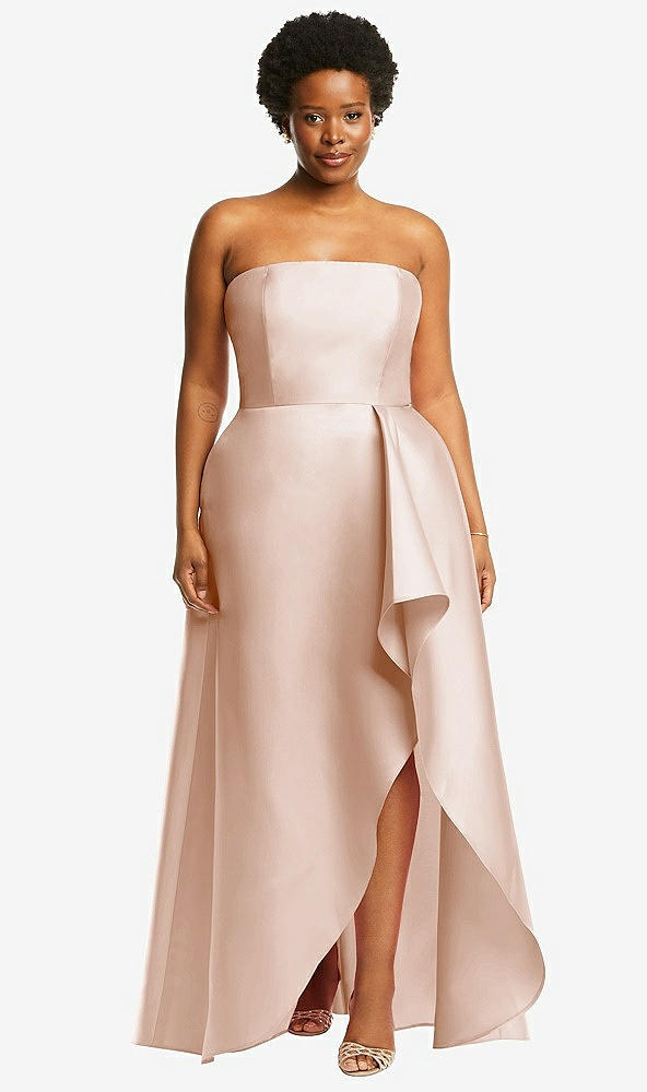 Front View - Cameo Strapless Satin Gown with Draped Front Slit and Pockets