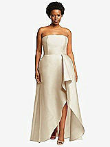 Front View Thumbnail - Champagne Strapless Satin Gown with Draped Front Slit and Pockets