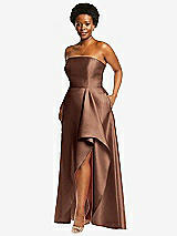 Side View Thumbnail - Cognac Strapless Satin Gown with Draped Front Slit and Pockets