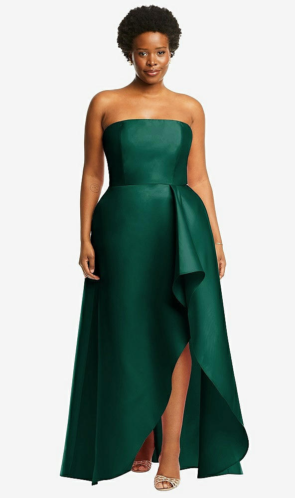 Front View - Hunter Green Strapless Satin Gown with Draped Front Slit and Pockets
