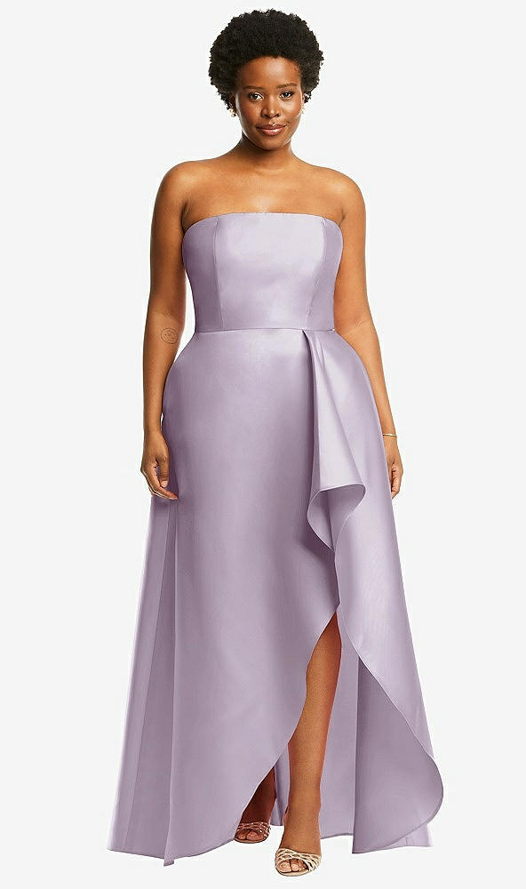 Front View - Lilac Haze Strapless Satin Gown with Draped Front Slit and Pockets