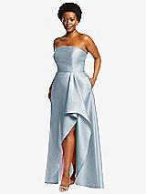 Side View Thumbnail - Mist Strapless Satin Gown with Draped Front Slit and Pockets