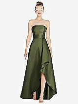 Alt View 1 Thumbnail - Olive Green Strapless Satin Gown with Draped Front Slit and Pockets