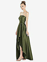 Alt View 2 Thumbnail - Olive Green Strapless Satin Gown with Draped Front Slit and Pockets