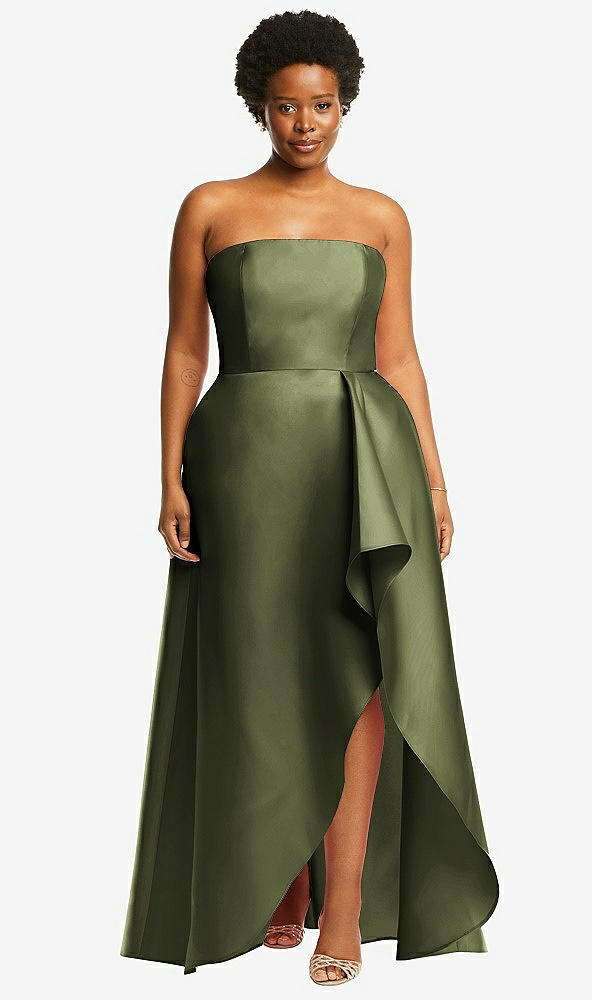 Front View - Olive Green Strapless Satin Gown with Draped Front Slit and Pockets
