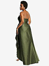 Rear View Thumbnail - Olive Green Strapless Satin Gown with Draped Front Slit and Pockets
