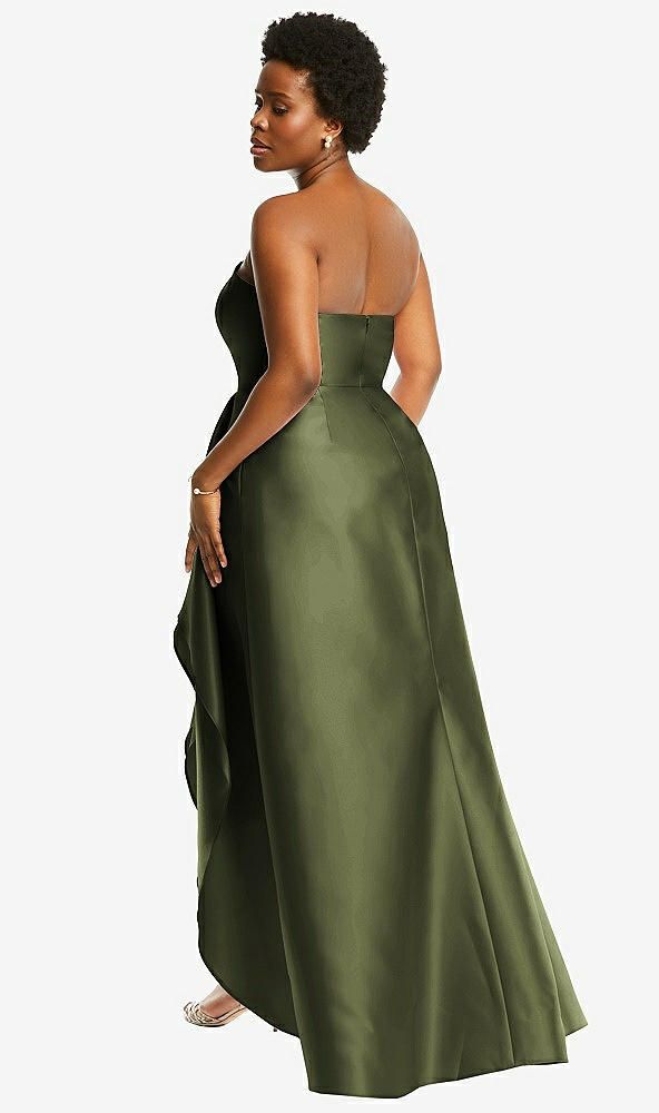 Back View - Olive Green Strapless Satin Gown with Draped Front Slit and Pockets