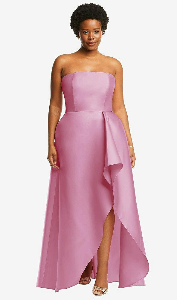 Front View - Powder Pink Strapless Satin Gown with Draped Front Slit and Pockets