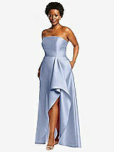 Side View Thumbnail - Sky Blue Strapless Satin Gown with Draped Front Slit and Pockets
