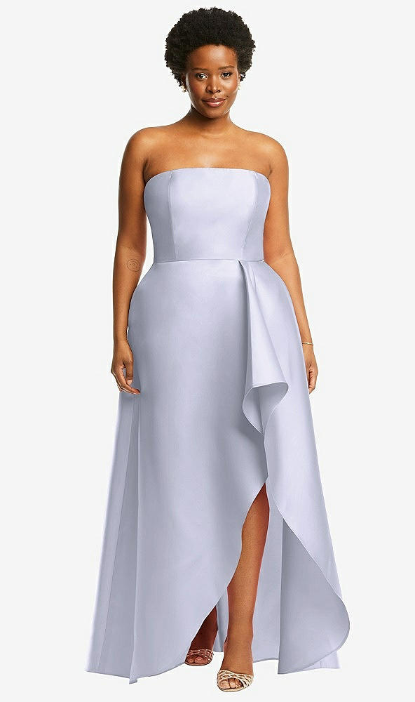 Front View - Silver Dove Strapless Satin Gown with Draped Front Slit and Pockets