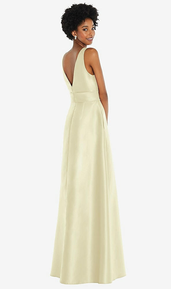 Back View - Butter Yellow Jewel-Neck V-Back Maxi Dress with Mini Sash