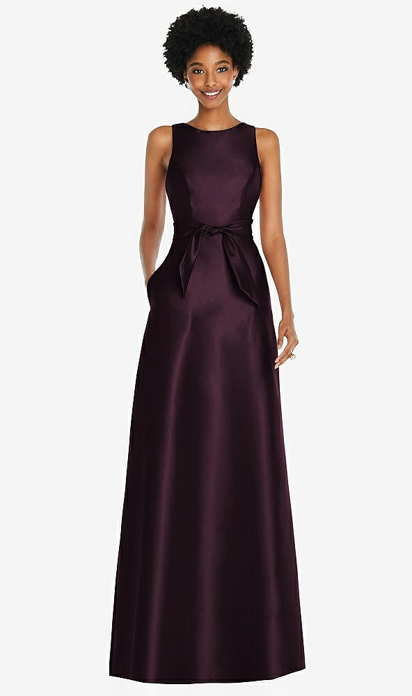 Front View - Deep Plum Jewel-Neck V-Back Maxi Dress with Mini Sash