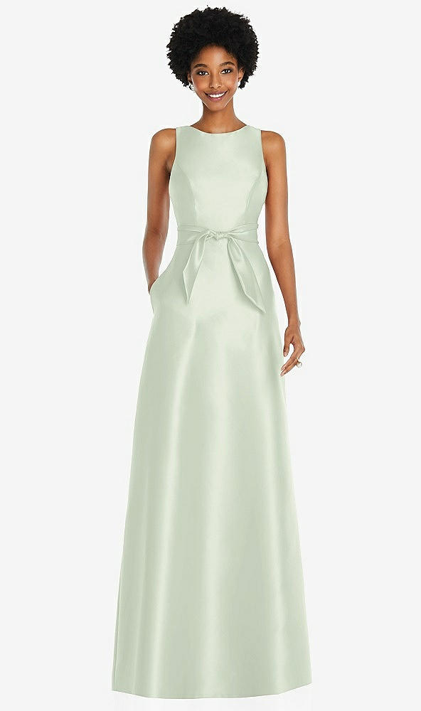 Front View - Mint Green Jewel-Neck V-Back Maxi Dress with Mini Sash