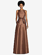 Front View Thumbnail - Cognac Jewel-Neck V-Back Maxi Dress with Mini Sash