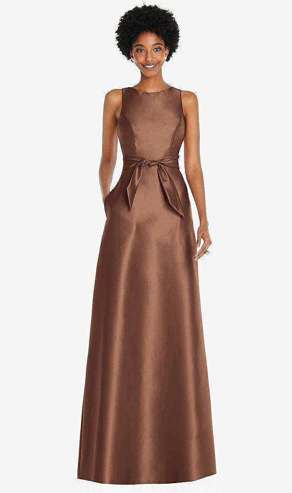 Front View - Cognac Jewel-Neck V-Back Maxi Dress with Mini Sash