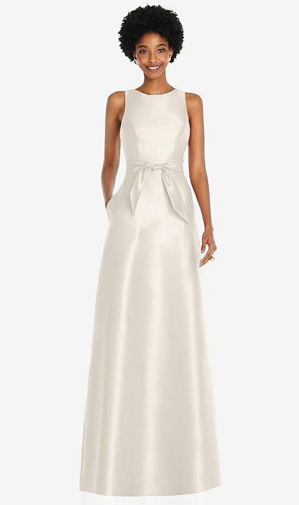 Front View - Ivory Jewel-Neck V-Back Maxi Dress with Mini Sash