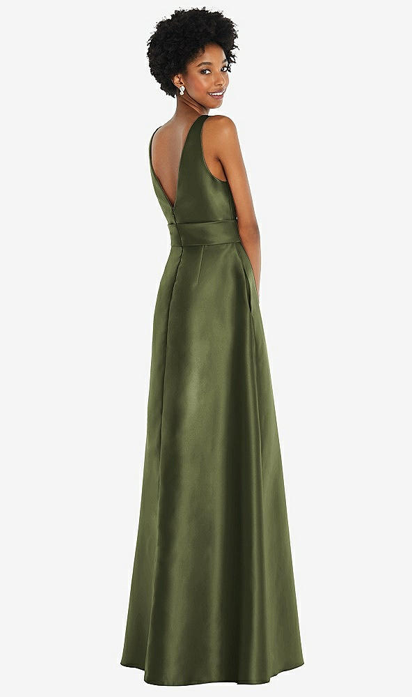 Back View - Olive Green Jewel-Neck V-Back Maxi Dress with Mini Sash